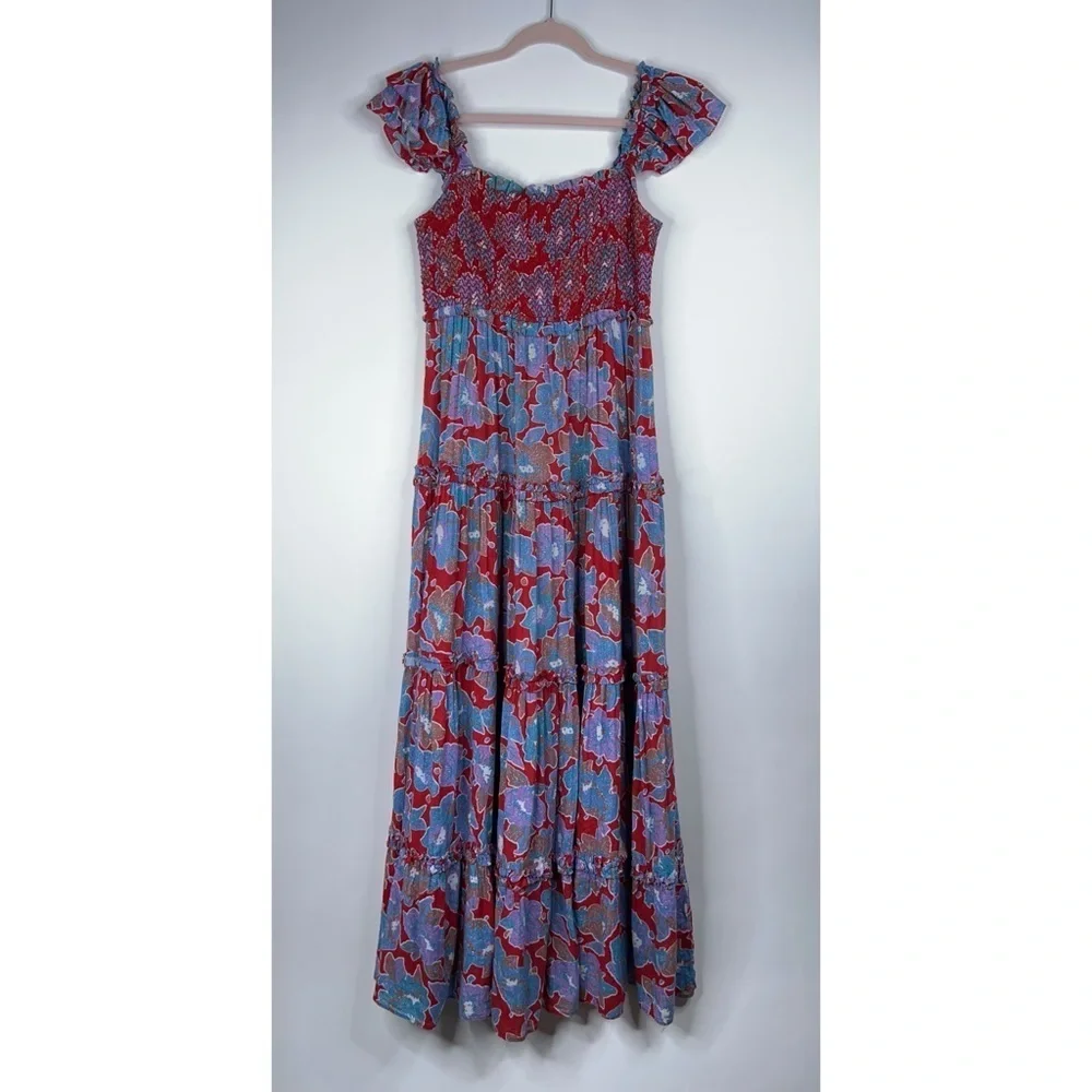 Love the Label Red Blue Floral Midi Dress Square Neck Smocked Tiered Cotton - Picture 1 of 11